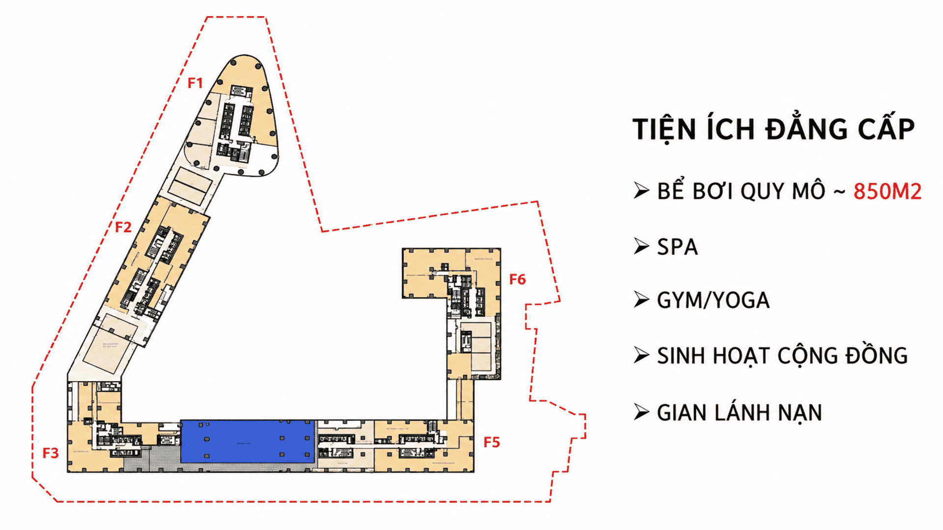 Hệ thống tiện ích tầng 6 VIP mang lại đặc quyền thư giãn đỉnh cao, kiến tạo không gian giải trí thời thượng dành riêng cho cộng đồng cư dân.