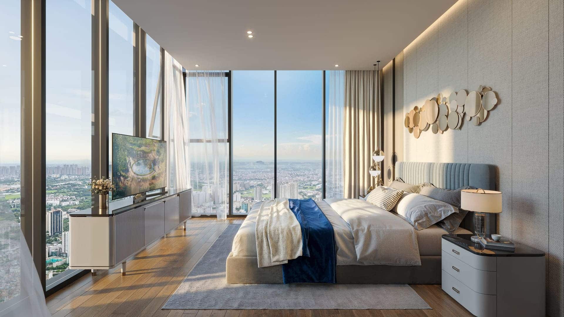 Không gian phòng ngủ tòa F3 tại Sun Group Cầu Giấy được thiết kế ấm cúng, tinh tế với nội thất nhập khẩu cao cấp, mang lại cảm giác thư giãn tuyệt đối và giấc ngủ bình yên cho gia chủ.