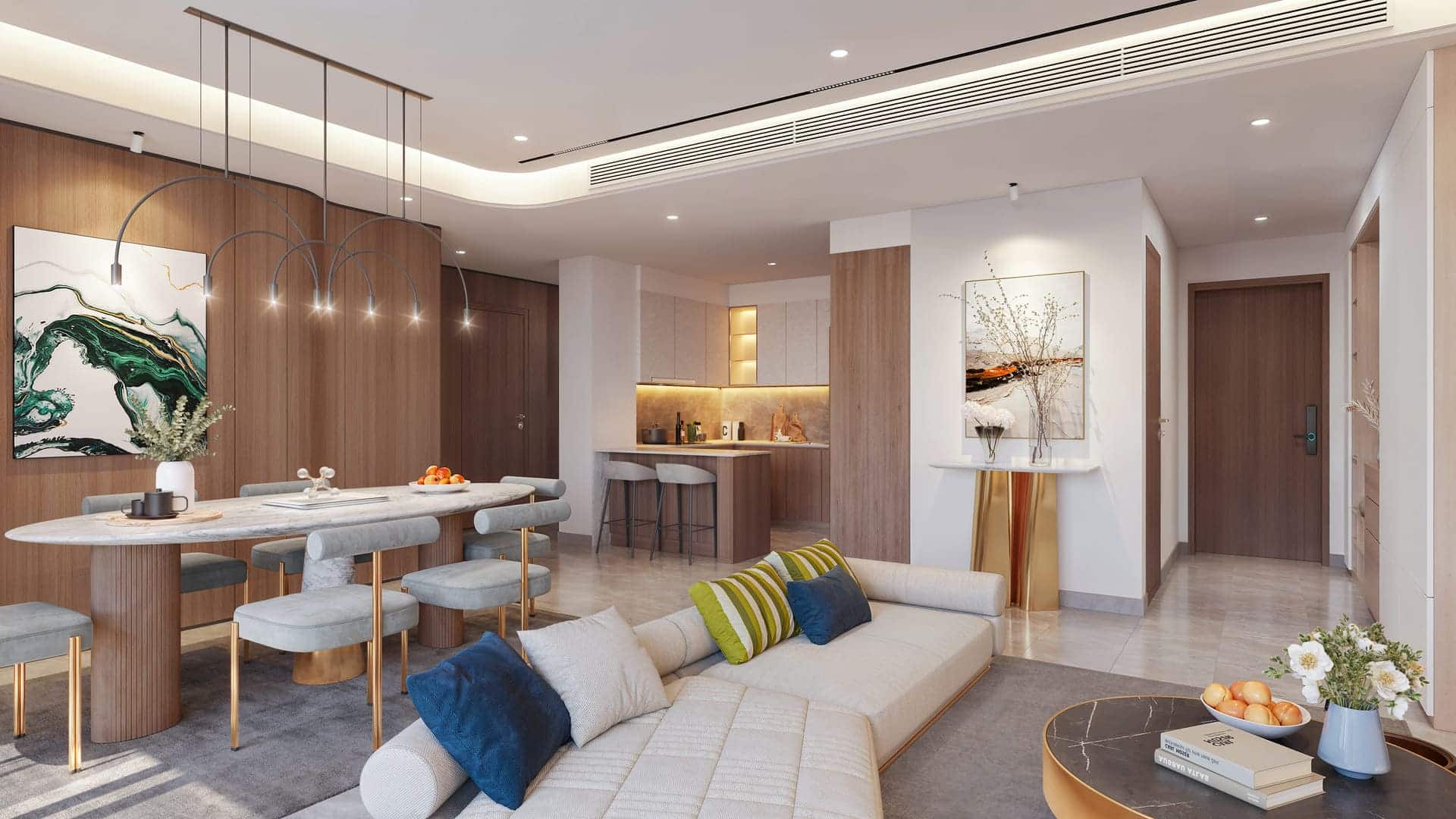 Kiến trúc không gian concept mở tại dự án Sun Group Cầu Giấy xóa bỏ mọi ranh giới thô cứng, kết nối hoàn hảo giữa phòng khách, phòng ăn nhằm tối đa hóa diện tích sinh hoạt chung của gia đình.