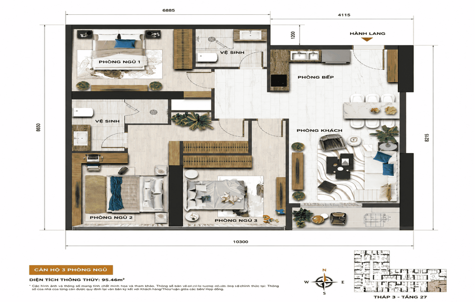 Layout thiết kế căn hộ cao cấp 3BR tại dự án Sun Group Cầu Giấy.