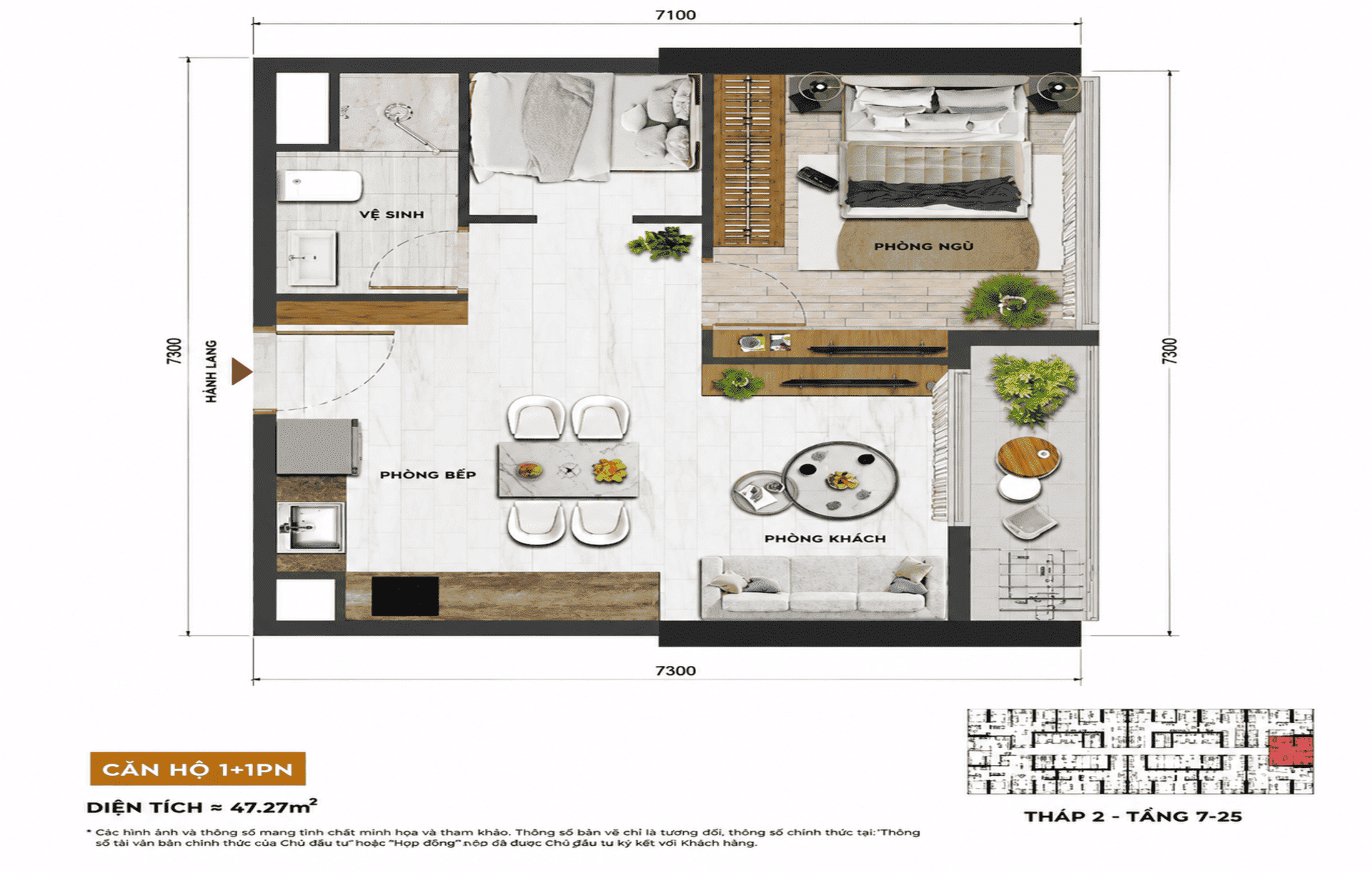 Layout thiết kế căn hộ cao cấp 1BR+ tại dự án Sun Group Cầu Giấy.