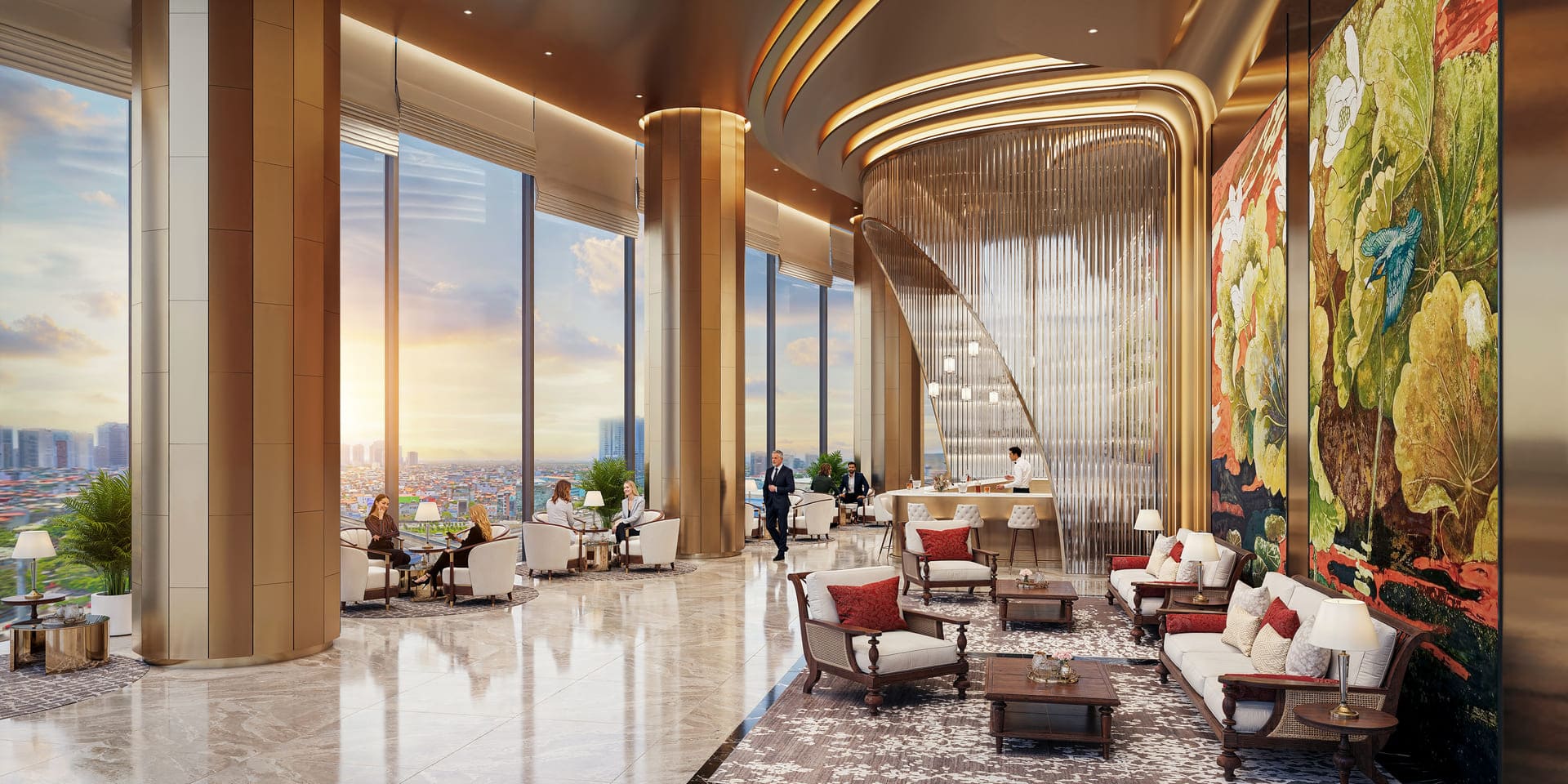 Thiết kế nội thất độc bản của khu VIP Lounge Sun Group Cầu Giấy sử dụng các chất liệu cao cấp nhập khẩu, tạo nên một tổng thể kiến trúc vô cùng xa hoa, lộng lẫy và đầy nghệ thuật.