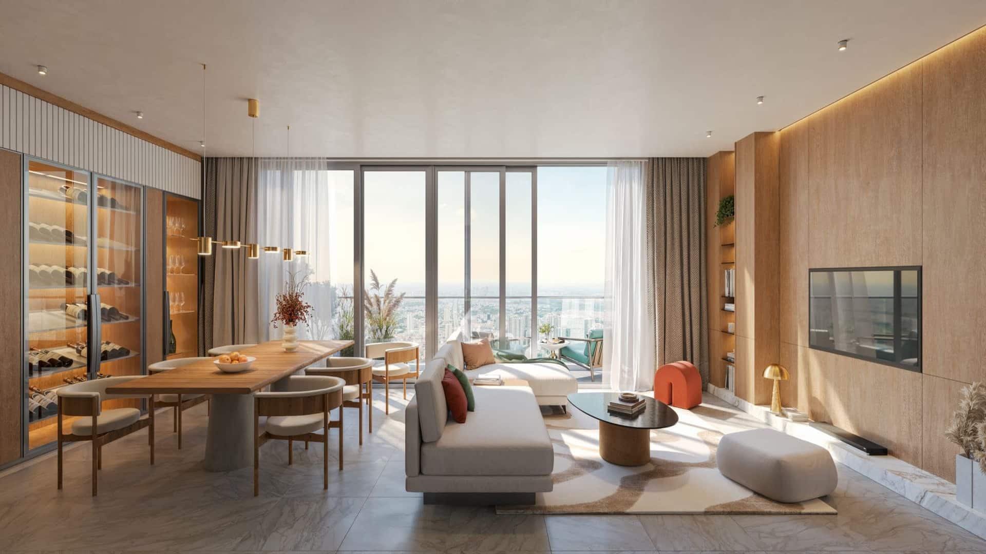 Thiết kế phòng khách căn hộ tòa F2 Sun Group Cầu Giấy tràn ngập ánh sáng tự nhiên nhờ hệ thống kính chạm trần cao cấp, tối ưu hóa tầm nhìn panorama thoáng đãng và mang lại vẻ đẹp sang trọng.