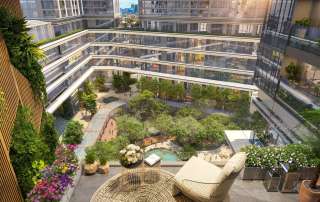 Toàn cảnh không gian sống xanh tại dự án Sun Group Cầu Giấy được bao phủ bởi những khu vườn sinh thái, mang lại môi trường sống trong lành, tách biệt hoàn toàn khỏi khói bụi và sự ồn ào đô thị.